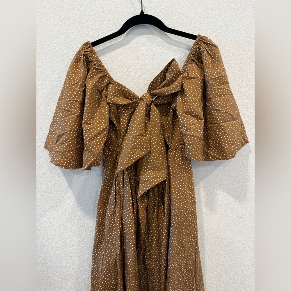 Abercrombie & Fitch Polka Dot Angel Sleeve Twist Front Tie back Brown Midi Dress - Picture 9 of 11